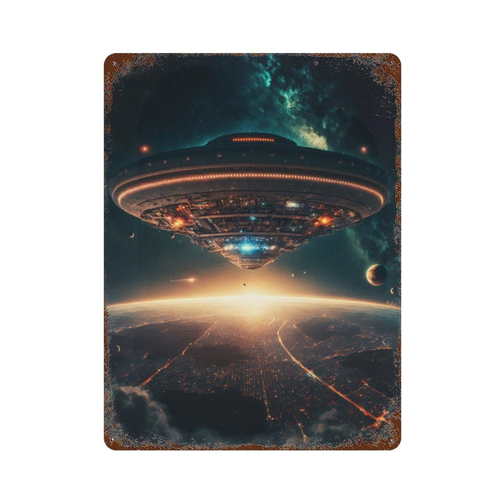 UFO Invade Interstellar Vintage Metal Tin Sign 15.7"x11.8", Ideal for Cafe, Home Bar And Lounge Decor