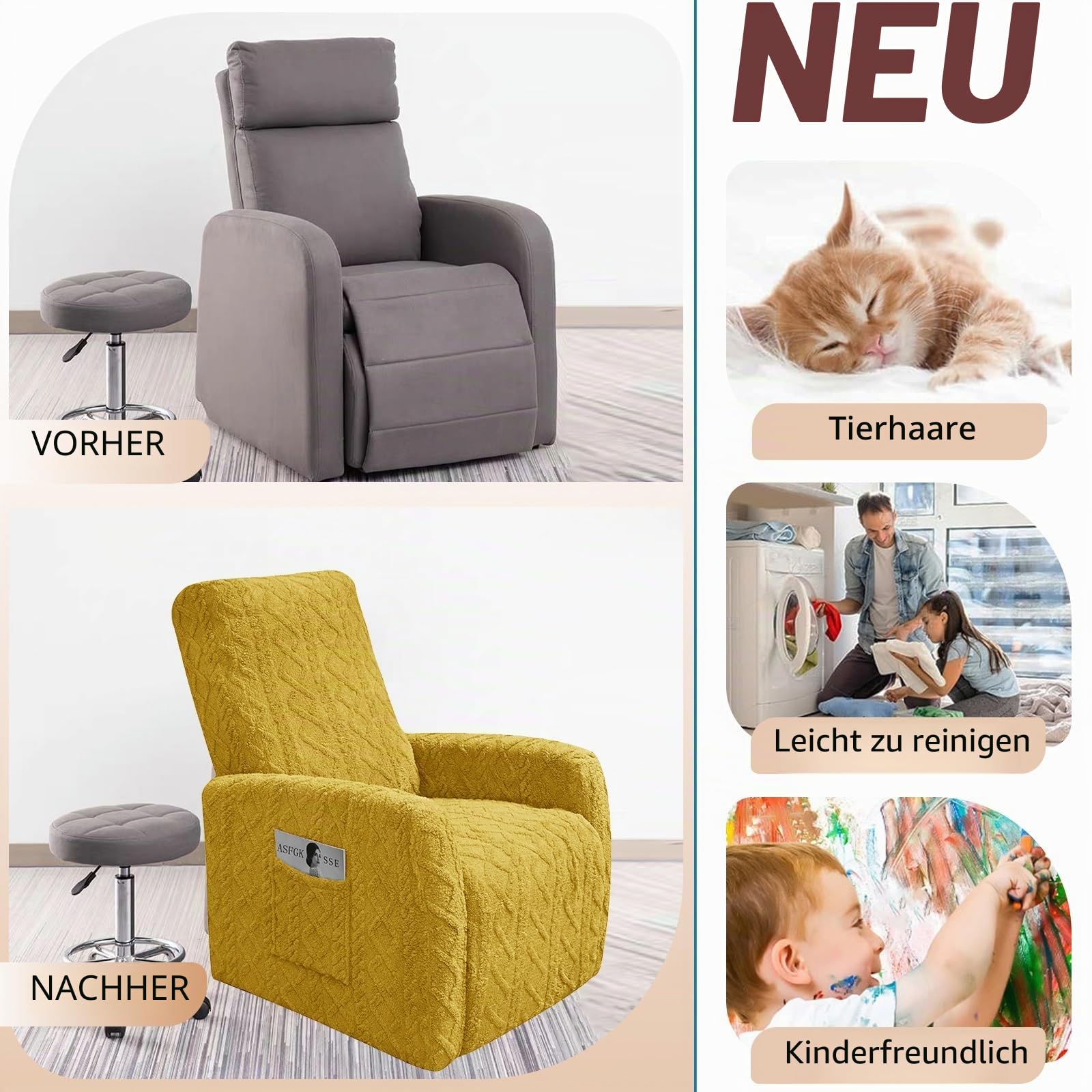 Sesselschoner Für Relaxsessel, 4-Teilig, Dicker Jacquard Dehnbarer Sesselbezug Mit Taschen, Fernsehsessel Bezug, Sessel überzug Für Kinder Hunde Und Haustiere(Yellow)