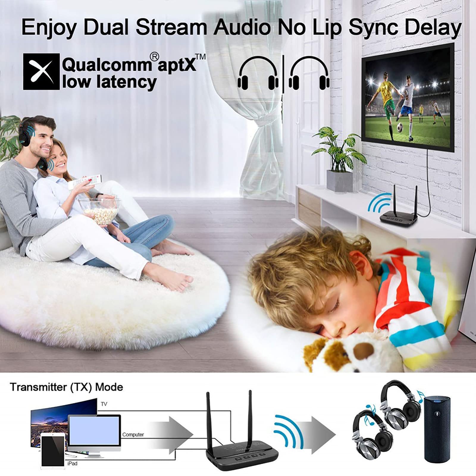 RSGK Ricevitore Trasmettitore Audio Bluetooth 5.0, Bypass Adattatore Wireless AptX LL HD SPDIF AUX 3,5 Mm per PC TV a 2 Auricolari