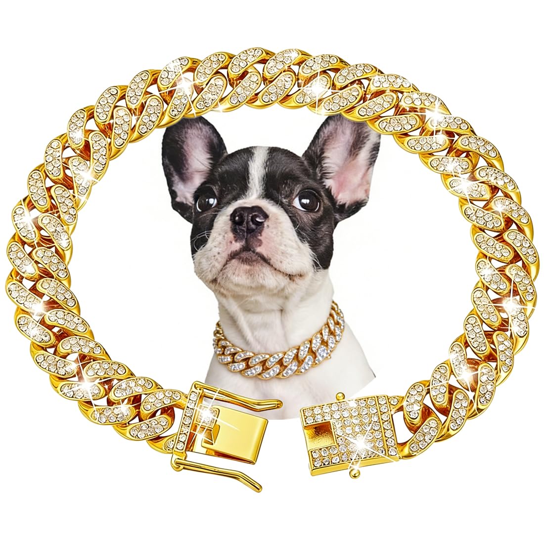 Gold Dog Chain Collars, Diamond Cuban Link Dog Chain Collar Walking Metal Dog Necklace With Secure Buckle Cat Chain Collar Pet Sparkling Jewelry Accessories For Medium Large Dogs Cats, 14 Inch