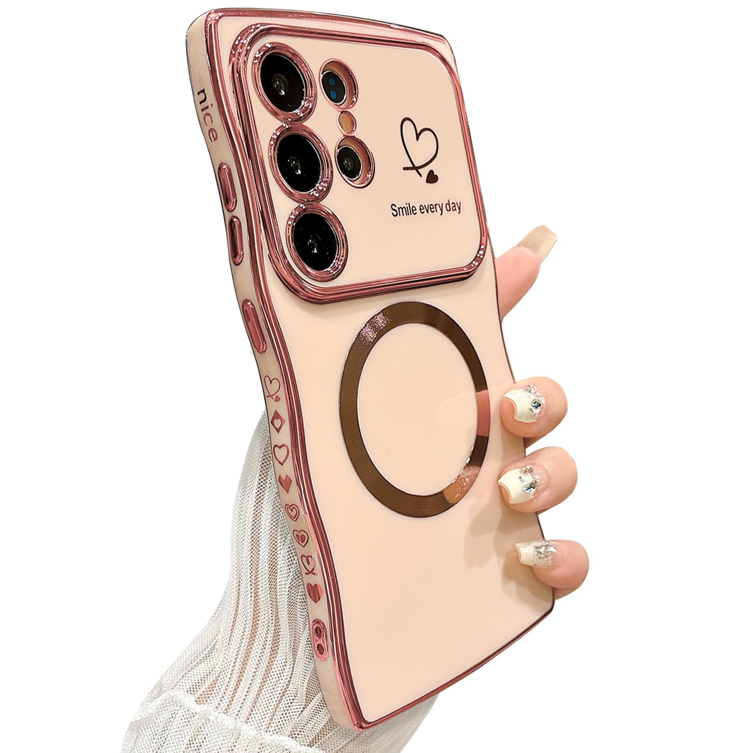 ZONRW for Samsung Galaxy S24 Ultra Case Magnetic,for Women Girls Soft Cute Wave Frame Curly Shape Love Heart Luxury Plating Phone Case Compatible with