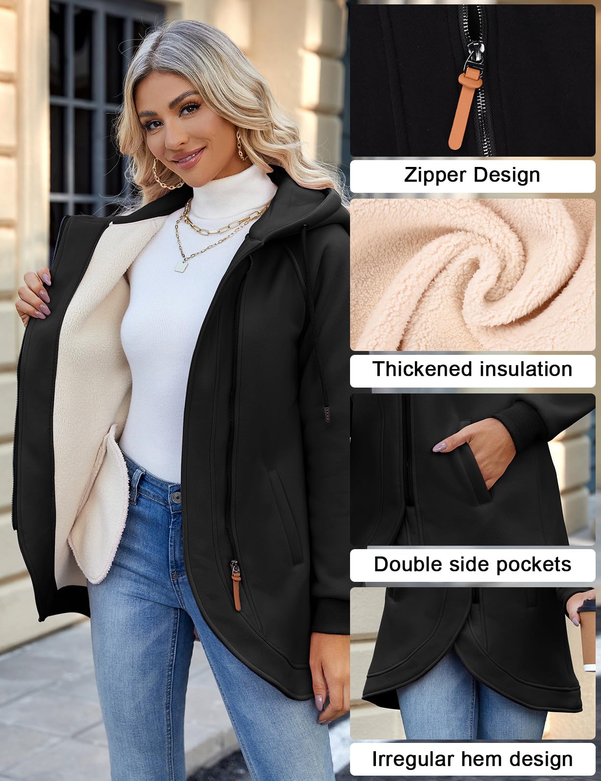 UMIPUBO Felpa Donna con Cappuccio Invernale Felpe con Zip Fodera in Pile Hoodie Sweatshirt a Manica Lunga Caldo Lungo Giacca con Tasche Cotone Termica Cappotto Pullover