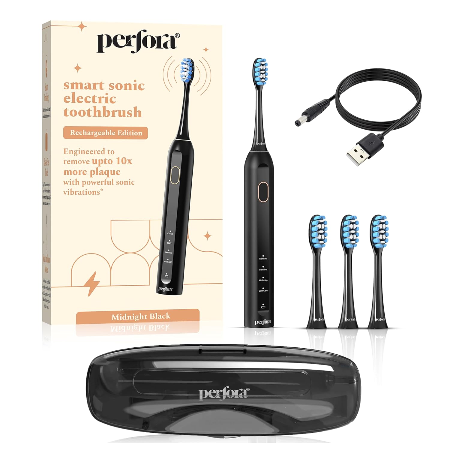 Perfora Rechargeable Smart Sonic Electric Toothbrush For Men & Women | Electric Brush With 4 Modes & 60 Day Battery Life | IPX7 Waterproof Sonic Tooth brush with 4 Brush Heads & Travel Case – Black