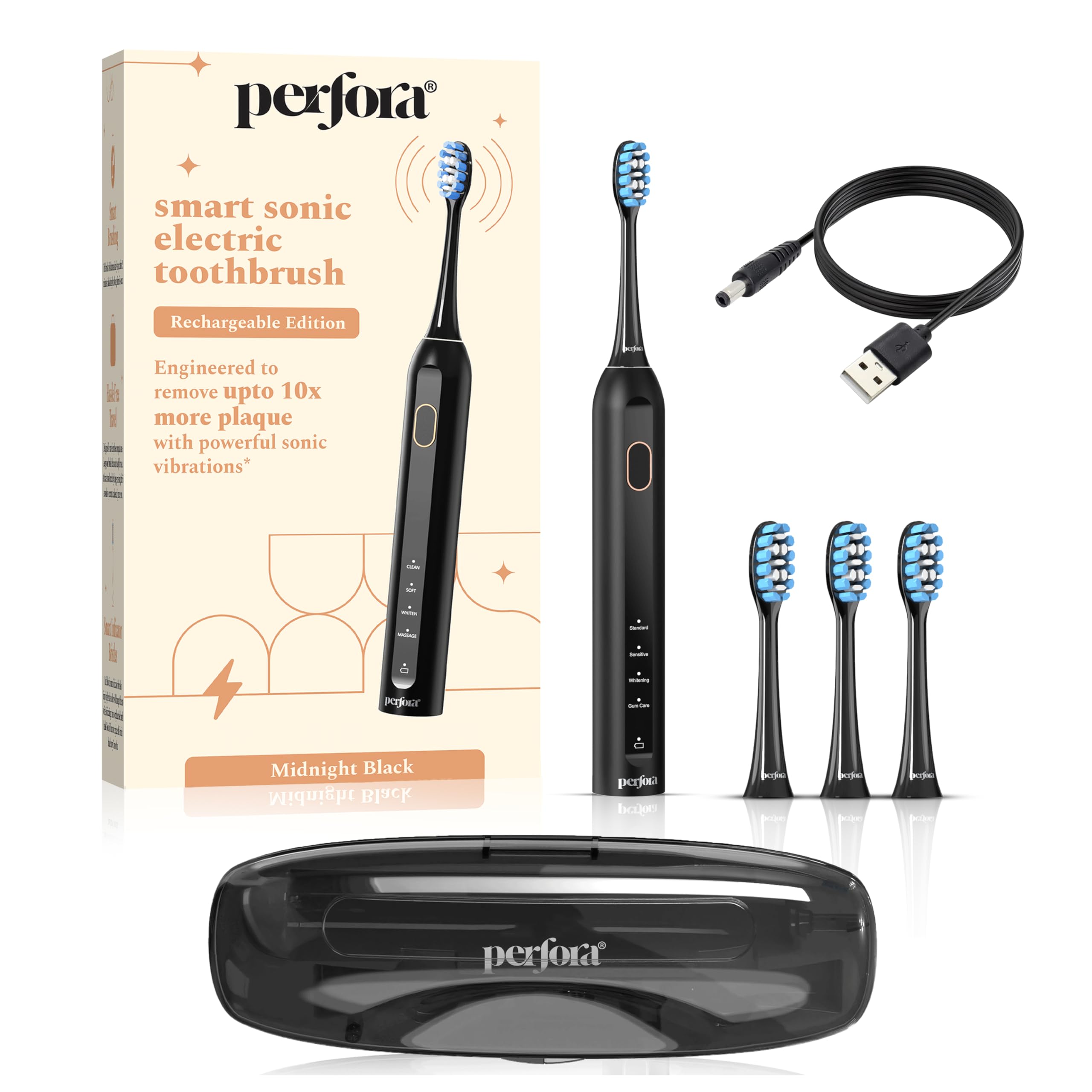 Perfora Rechargeable Smart Sonic Electric Toothbrush For Men & Women | Electric Brush With 4 Modes & 60 Day Battery Life | IPX7 Waterproof Sonic Tooth brush with 4 Brush Heads & Travel Case - Black