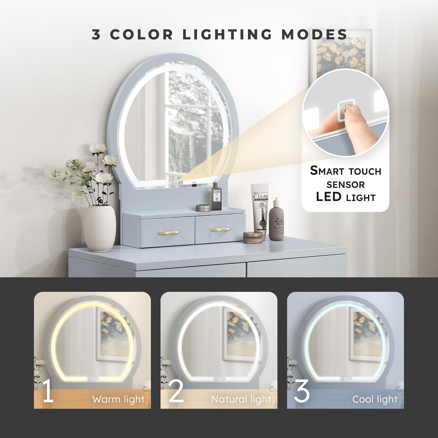 Lexicon Modern Dressing Table with Mirror, LED Lights, 3 Lighting Modes, Small Makeup Dressing Table Set with 4 Drawers and Cushioned Stool, Adjustable Lighting for Bedroom, Gray