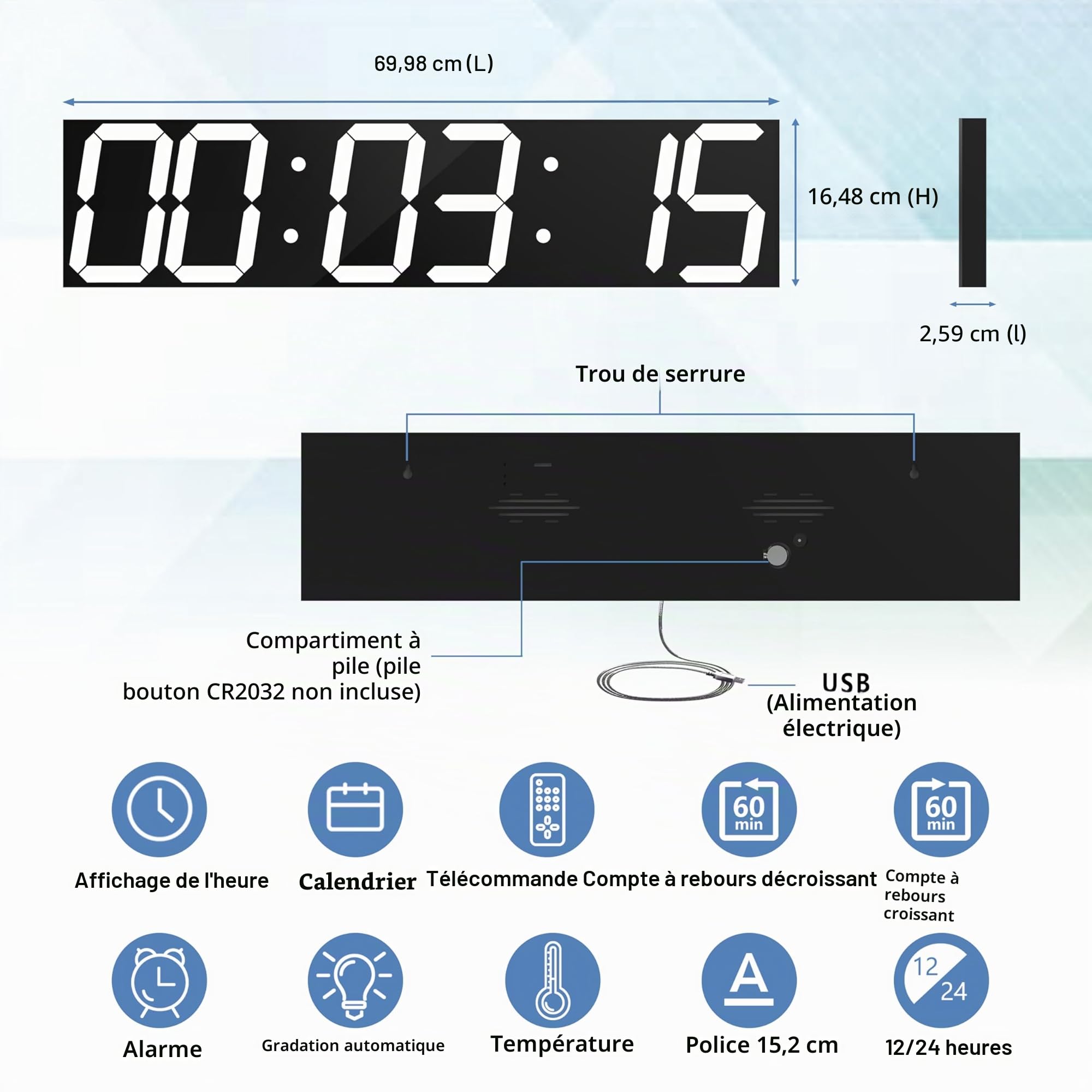 CHKOSDA Horloge Murale numérique, avec variateur d'intensité, Grand Compte à rebours avec télécommande, écran LED de27.5in de Large, 6 Chiffres, Support Mural, Date et température （Blanche）