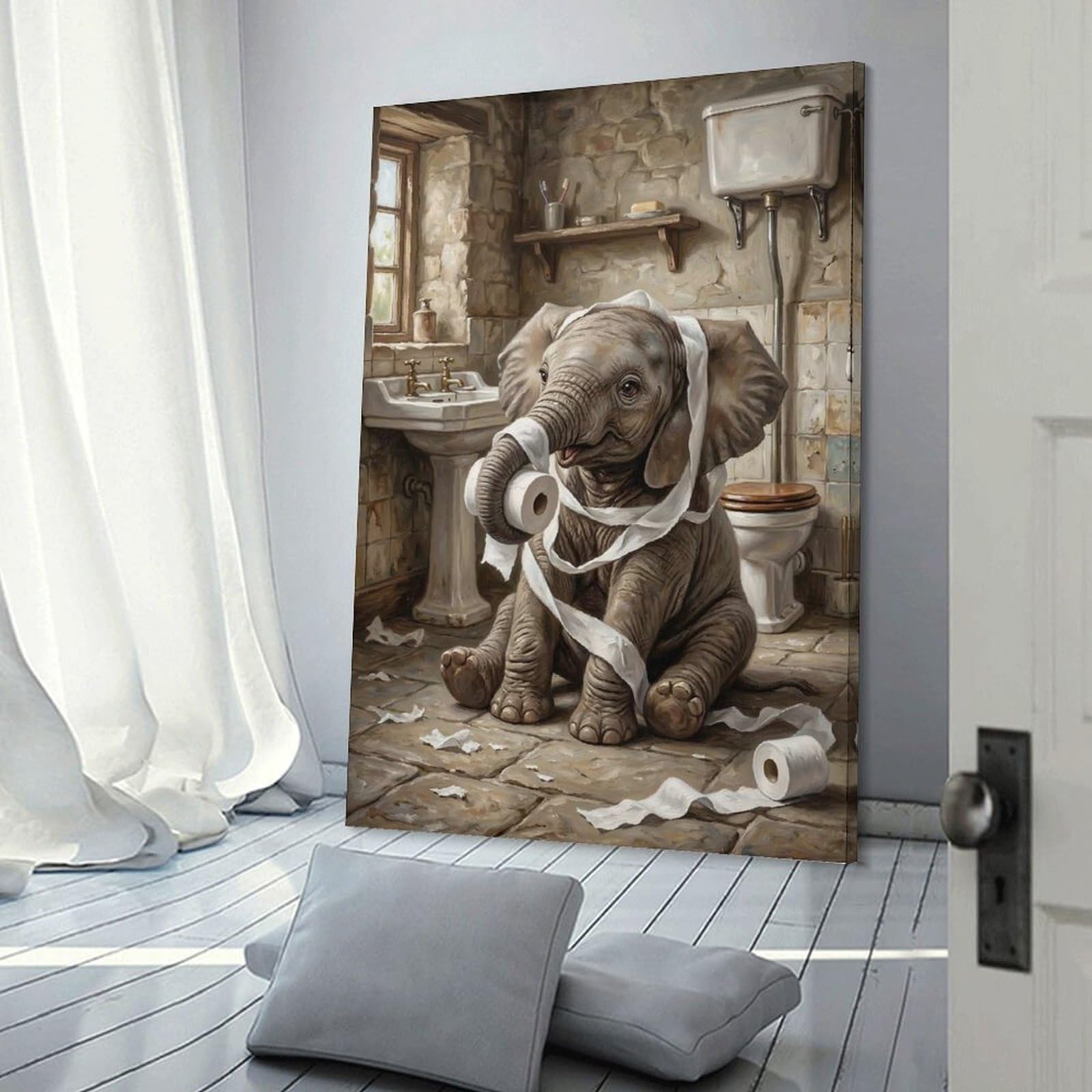 Junmoney Wall Picture Print Baby Elephant in Bathroom with Toilet Paper, 20x30inch(50x75cm), for Living Room, Bedroom Or Home Office, Home Decor Gift with Stylish Appeal