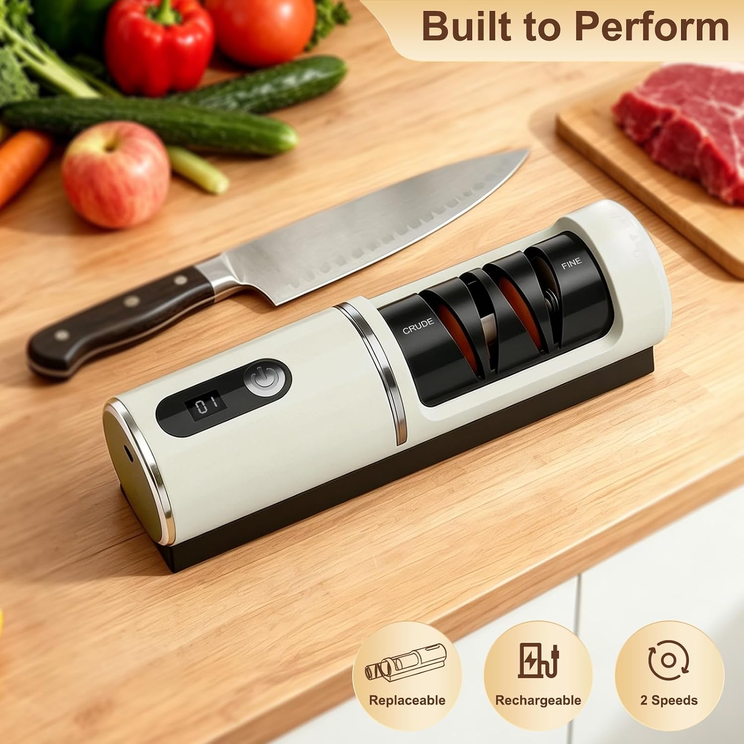 Rechargeable Electric Knife Sharpener with Replaceable Grinding Wheels, 2 Sharpening Speeds, Coarse & Fine Slots, Strong Suction Base for Straight & Serrated Kitchen Knives