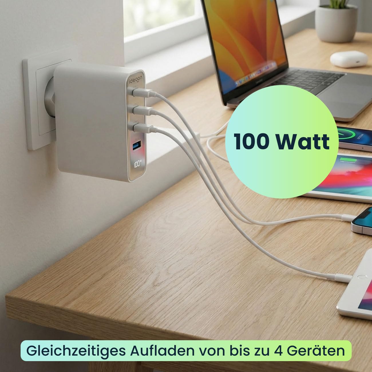 ideoon 2er-Set 100W GaN III USB-Ladegerät mit 4 Ports, 3X USB-C & 1x USB-A, Schnellladegerät mit LED-Display, PD, feuerfestes Gehäuse, für Laptop und Handy