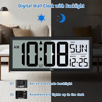 WallarGe 14.5'' Backlight Digital Wall Clock Battery Operated | Temperature and Date, Large Digital Display, Easy to Read and Set, Auto DST, Large Display for Garage, Office, Classroom