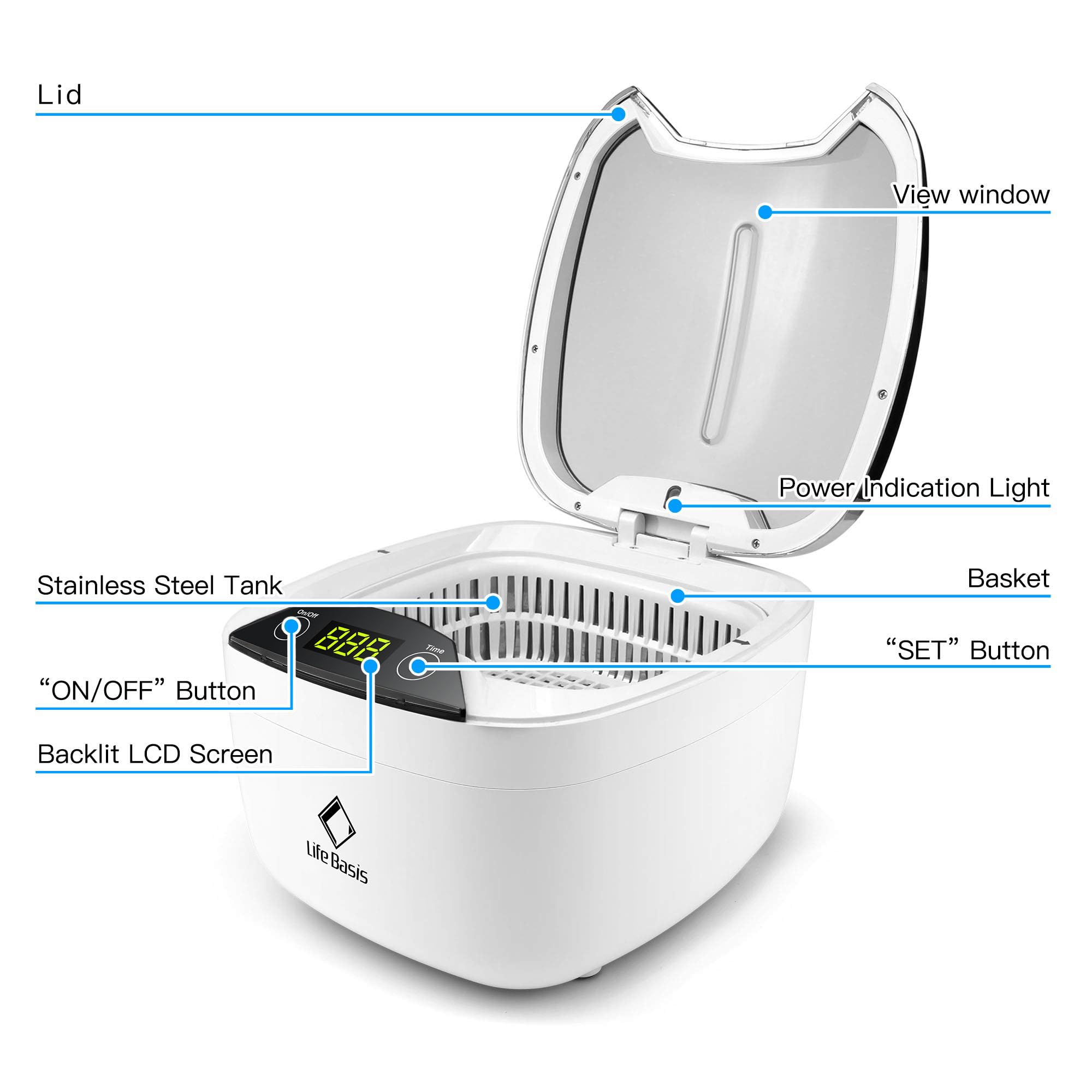LifeBasis Ultradźwiękowe urządzenie do czyszczenia ultradźwięków, 850 ml, cyfrowe urządzenie z oświetleniem LED, do czyszczenia pasty zębów, okularów, płyt CD, DVD, biżuterii, zegarków, e-papierosów, wielokrotnego użytku