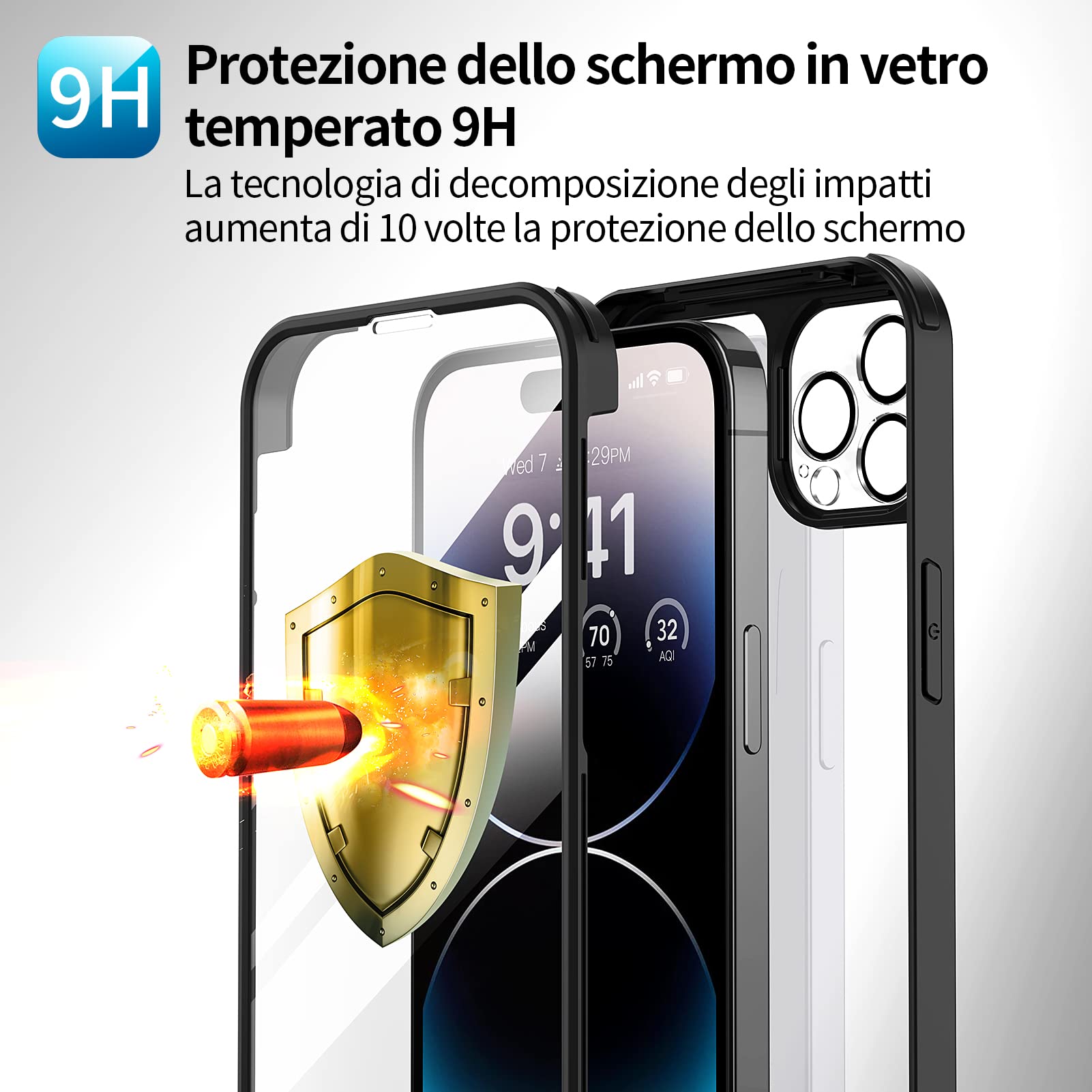 seacosmo Cover per iPhone 14 Pro, [9H HD] Integrata Vetro Temperato Schermo e Pellicola Fotocamera 360 Gradi Antiurto Custodia, Rugged Protezione Slim Case per iPhone 14 Pro, Nero