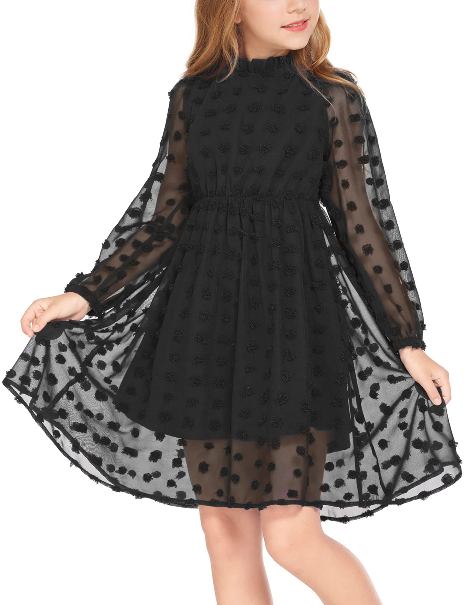Arshiner Kleider Mädchen Elegant Rüschenkragen Langarmkleid Partykleid Festlich Hochzeit A-Linie Lässiges Freizeitkleid Kinder 5-13 Jaher