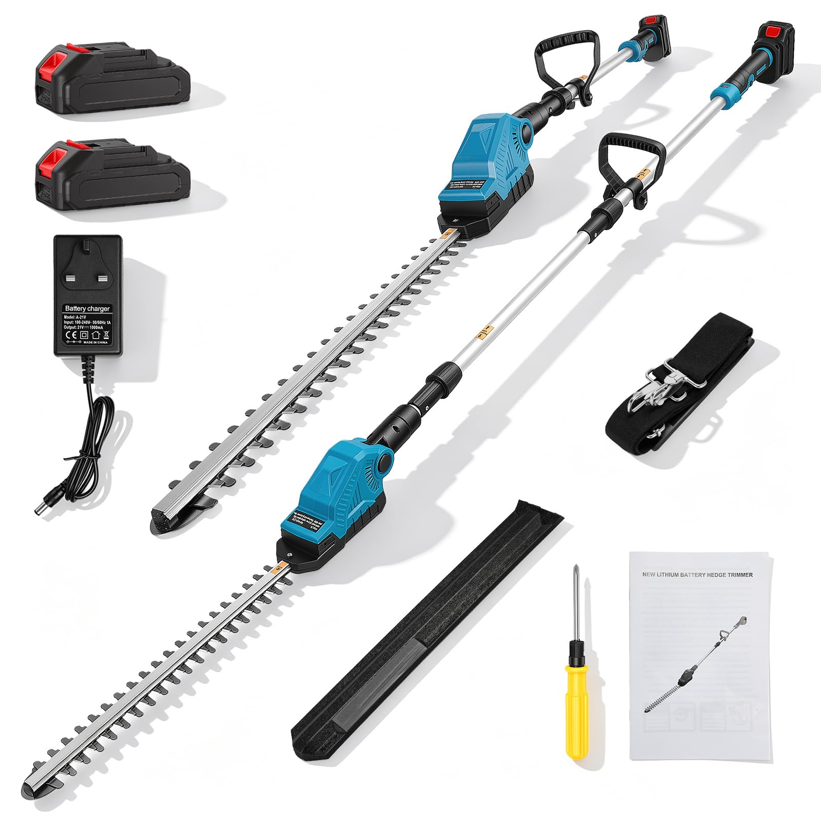 Long Reach Hedge Trimmer, Telescopic Hedge Trimmer Cordless with 2×2.0Ah Battery & Fast Charger, 550W 22000RPM, 16" Dual-Action Blade, 90° Adjustable Head, 9 Feet Pole Hedge Trimmer for Shrubs Pruning