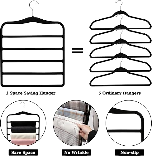 Miniatura 6 de Organizadores y almacenamiento de armario, paquete de 3 perchas de terciopelo para pantalones, ahorro de espacio, antideslizante, 5 niveles mágicos,