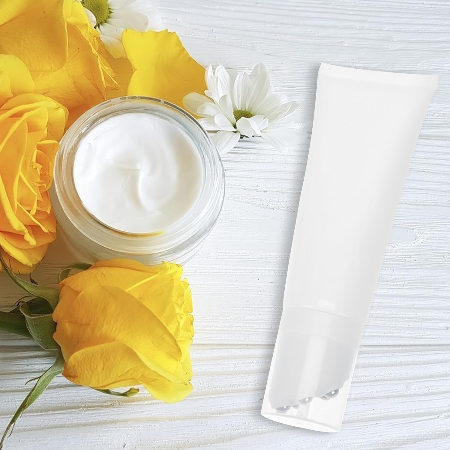 Cabilock 100ml Refillable Roller Bottle with Stainless Steel Rolling Ball Design for Massage and Cosmetic Use, White Pe and Pp Material Compact Container for Body Lotion and Skincare