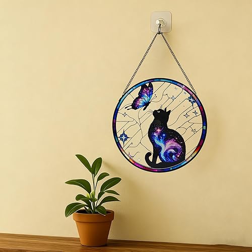 Miniatura 7 de Colgante de Vidrio Emplomado de Gato Negro para Ventana, 9.8'' Gato Negro y Mariposa con Diseño de Nebulosa Atrapasol Decoración del Hogar