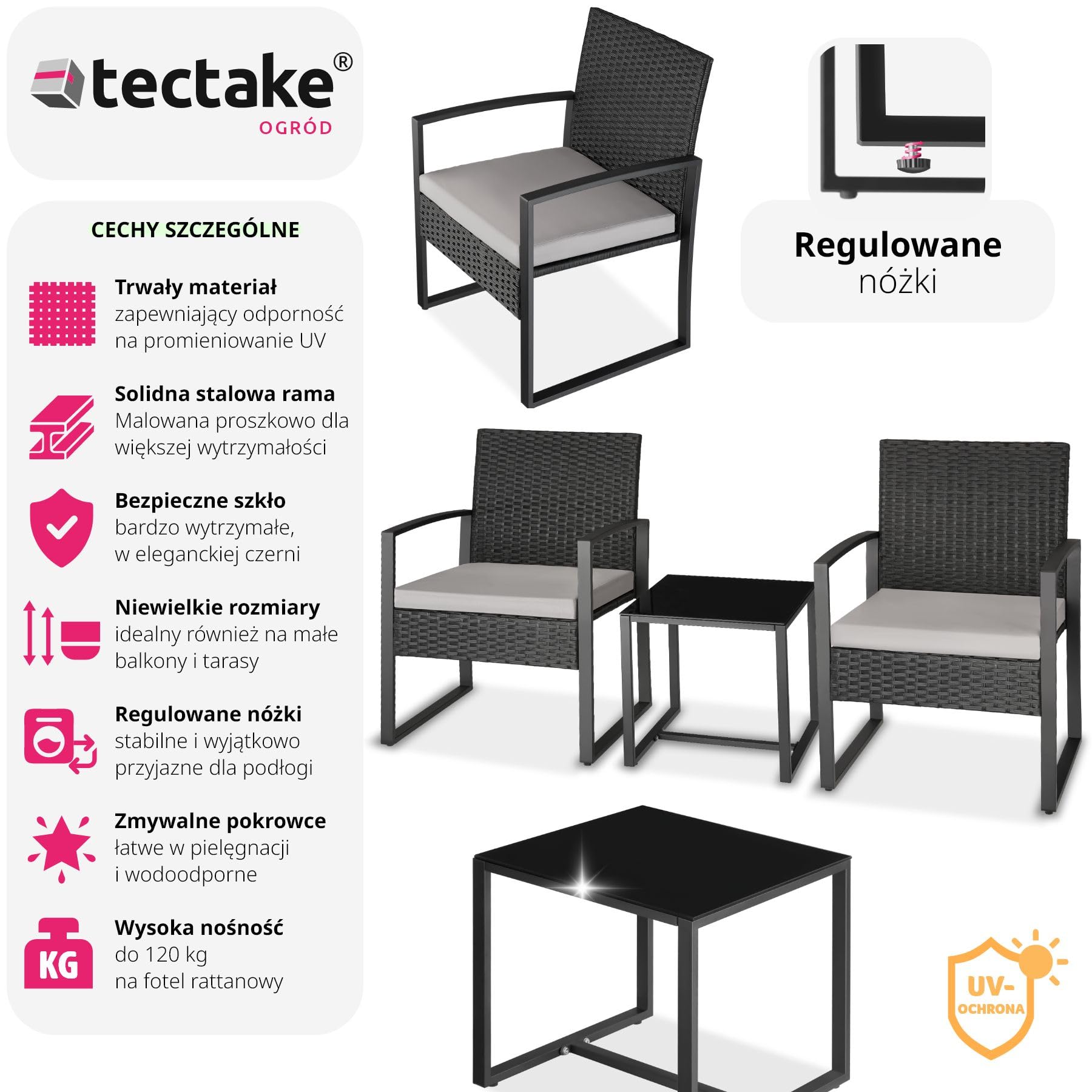 tectake® Rattanowy Zestaw Wypoczynkowy Granada ze Stolikiem dla 2 Osób, UV Odporny Polirattan, Wodoodporne Pokrowce, Stolik ze Szkłem, Regulowane Nóżki, Łatwy Montaż