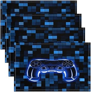Game Kids Placemats Set of 4,Pixelated Square Patchwork Gaming Table Place Mats,Miners Neon Lights Geometric Kitchen Decor,Blue Placemat Kitchen Table Decoration 12"x18"