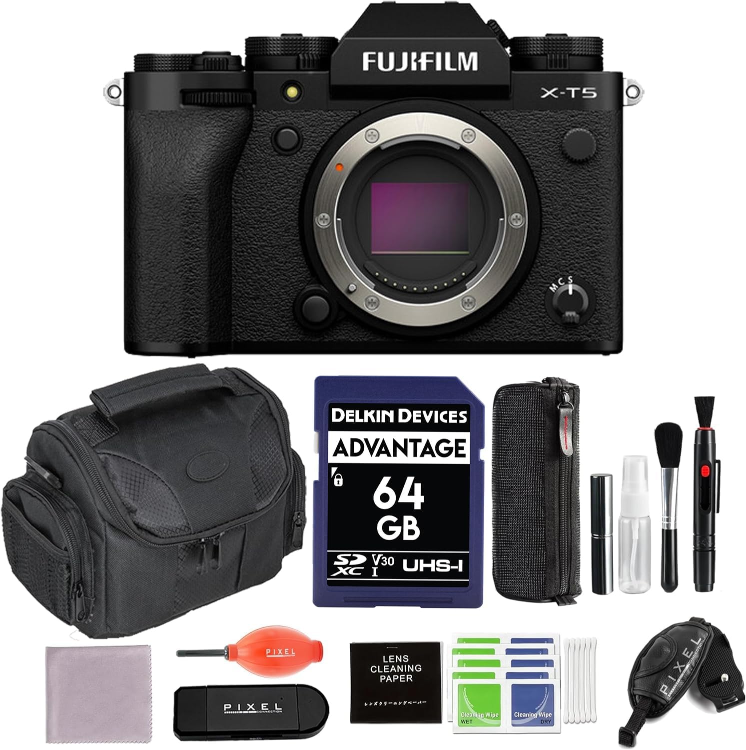 Fujifilm X-T5 Mirrorless Camera (Black) Bundle with 64GB Memory Card, Gadget Bag, Card Reader & More (8 Items) | USA Authorised with Fujifilm Warranty | Fuji xt5