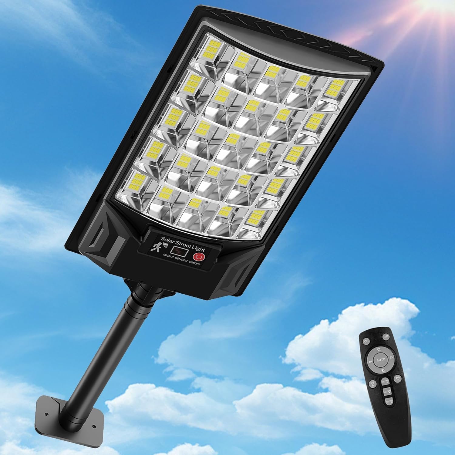 Solar Street Lights Outdoor, 6500K Outside Waterproof LED Street Light Dusk to Dawn, Wide Angle Lamp with Motion Sensor, Solar Lights Outdoor for Parking Lot Yard, 1 Pack