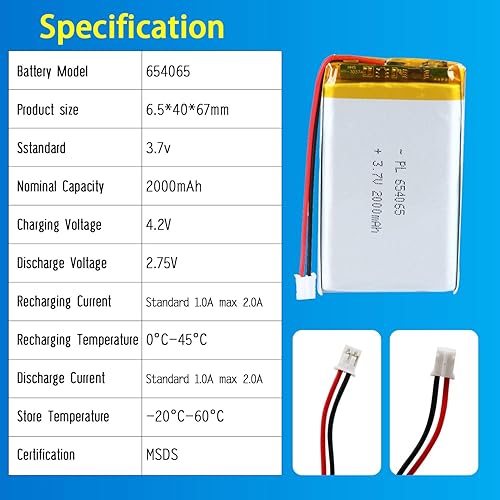 Miniatura 4 de 654065 Batería Lipo 3.7V 2000mAh 654065 Paquete de Batería Recargable de Polímero de Litio con Conector JST PH2.0mm para Dispositivo Electrónico
