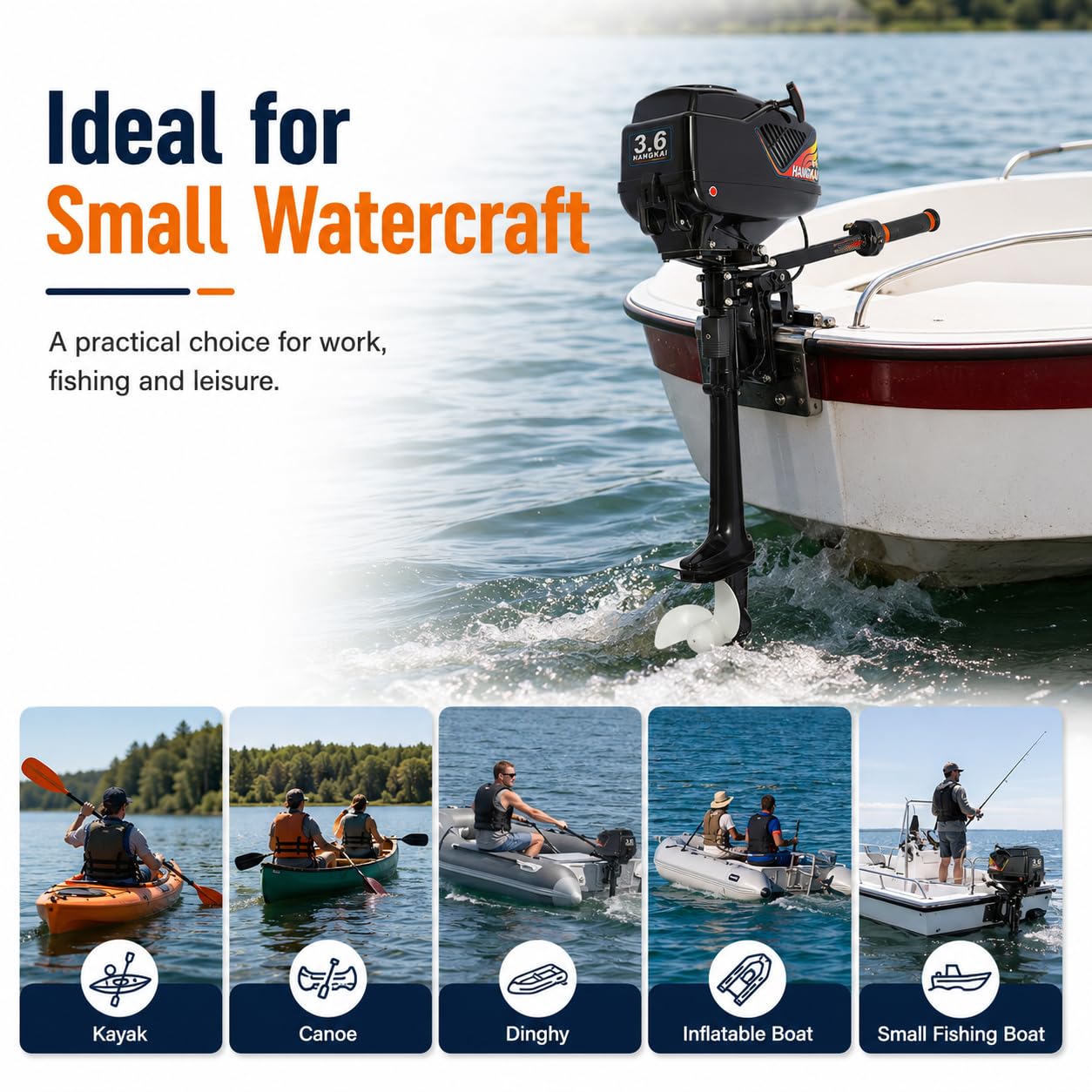 Motor fueraborda de 2 tiempos, 2600W 3.6cv, motor eléctrico fueraborda con CDI y refrigeración, función de giro de 360 grados, motor fueraborda para kayaks, canoas, botes auxiliares y botes hinchables