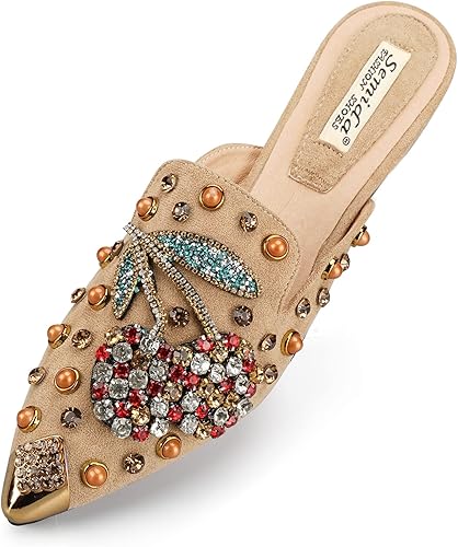 BGYJMTRCVHU Mules for Women Flats Comfortable Soft Memory Foam Insole Cherry Pointed Rivet Mule Shoes