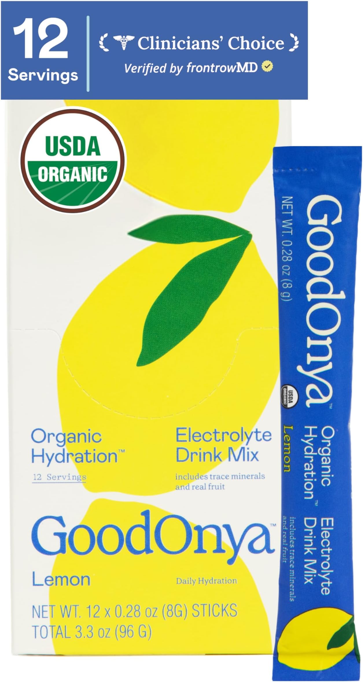 GOODONYA Organic Hydration Electrolyte Drink Mix, Certified Organic Hydration Powder, Non-GMO, Biochecked Glyphosate Free, Low Sugar, Lemonade Flavor, No Artificial Flavors,12 Stick Packs