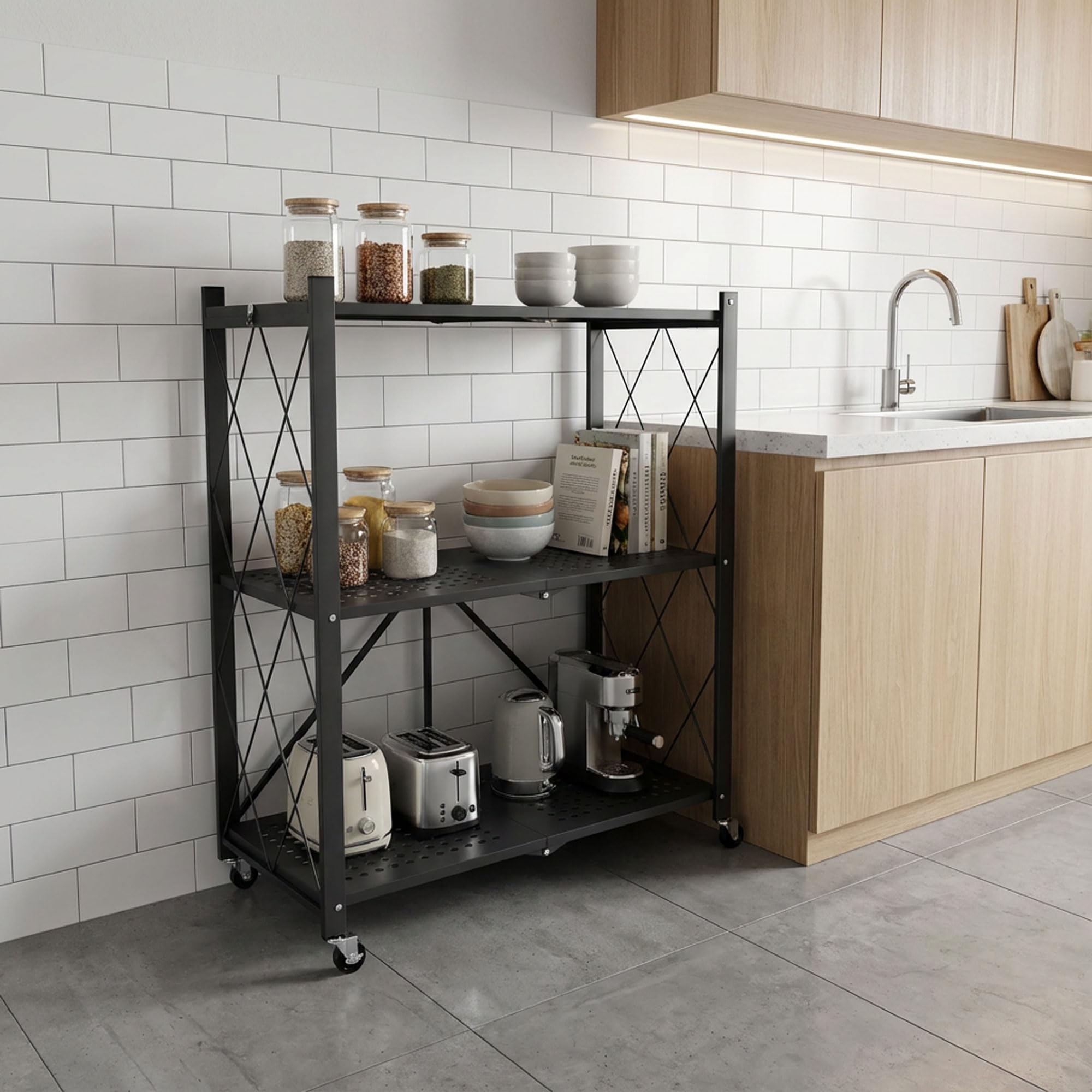 FRANKYSTAR Smithers Étagère de rangement pliable en métal noir 72 x 90 x 33,5 cm