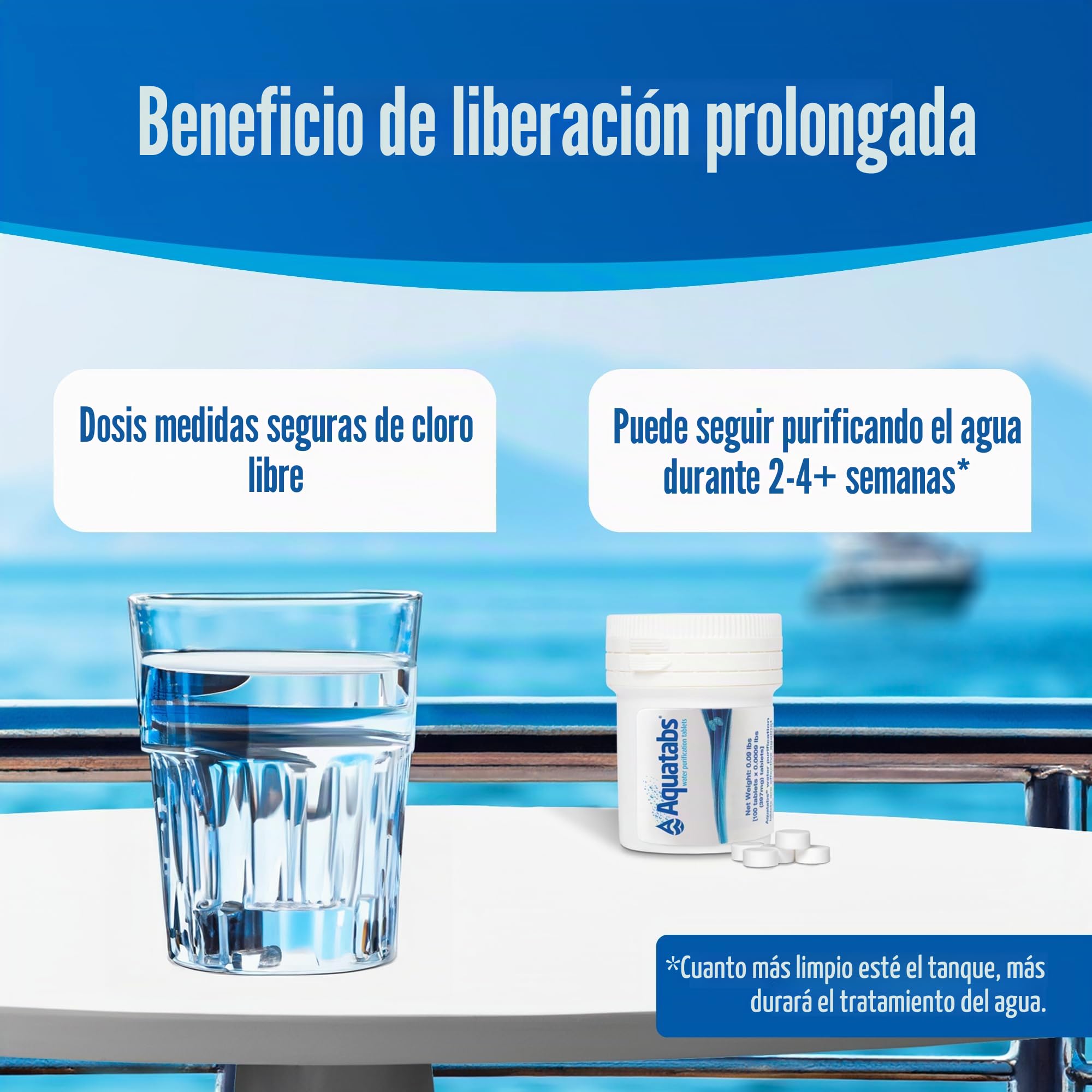 Aquatabs Tabletas de purificación de agua para beber – 100 tabletas + 2 tiras de prueba de cloro – Kit de iniciación purificador de agua – para tanques de barco y RV – por Aquamarine Water Solutions
