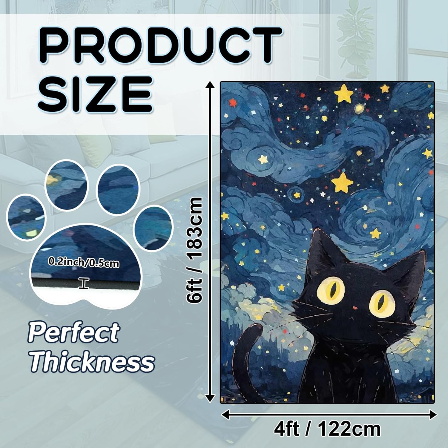 Black Cat Area Rug 4x6, Non Slip Washable Cat Design Rugs Room Decor Indoor Mat, Soft Velvet Pet Mat for Bedroom Bathroom Living Room (4' x 6')
