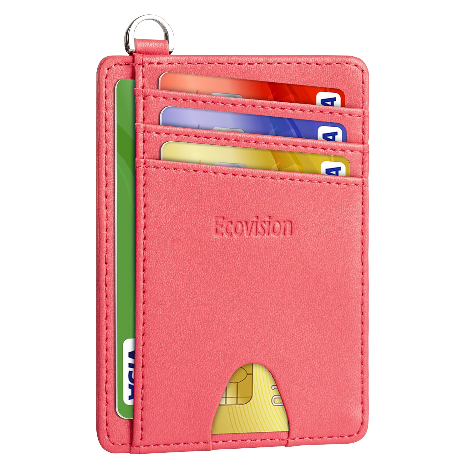 EcoVision Slim Minimalist Front Pocket Wallet, RFID Blocking Credit Card Holder Wallet with Detachable D-Shackle for Men Women, Goatskin Rosy, Minimalist