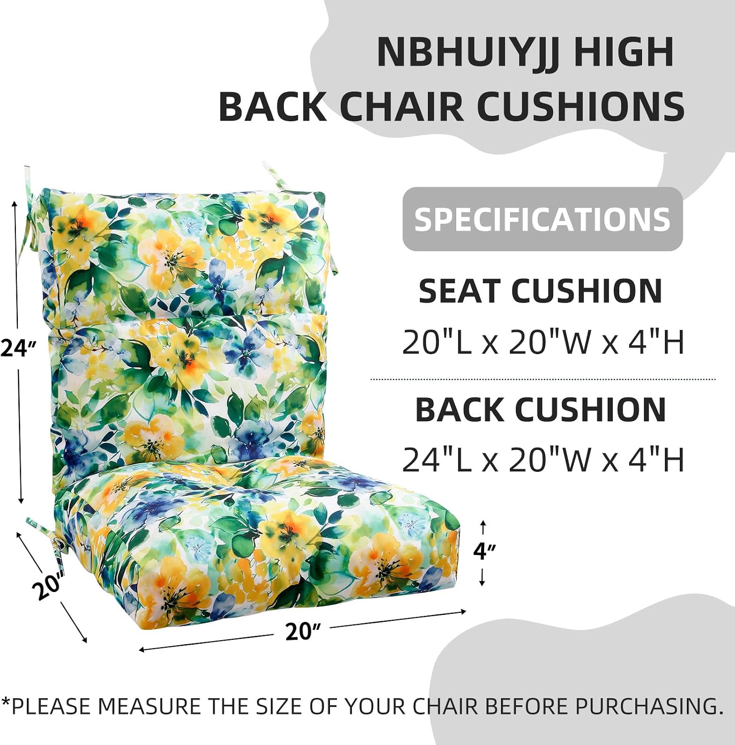 High Back Chair Cushion, 44" x 20" UV Resistant & Water-Repellent Patio Furniture Chair Pads with Non-Slip Ties for Rocking Chairs, Adirondack, Dinning Chairs, Flower Green, 2Pcs