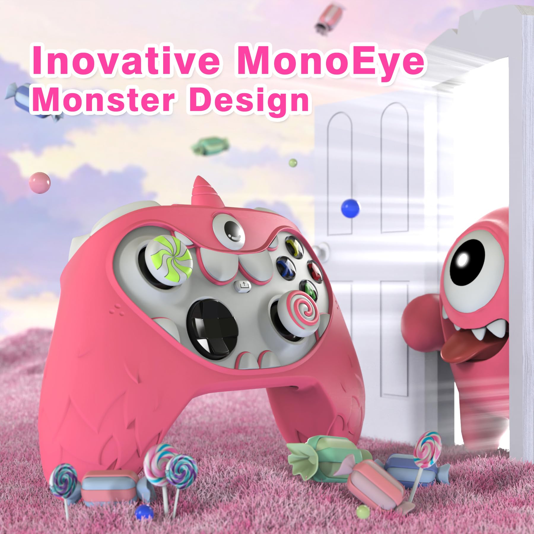 playvital Coque Manette pour Xbox Series X S Accessoires,Housse Protection Silicone pour Xbox Core Controller,Cover Skin avec Capuchon Joystick & Autocollant-Rose,Design MonoEye Monster