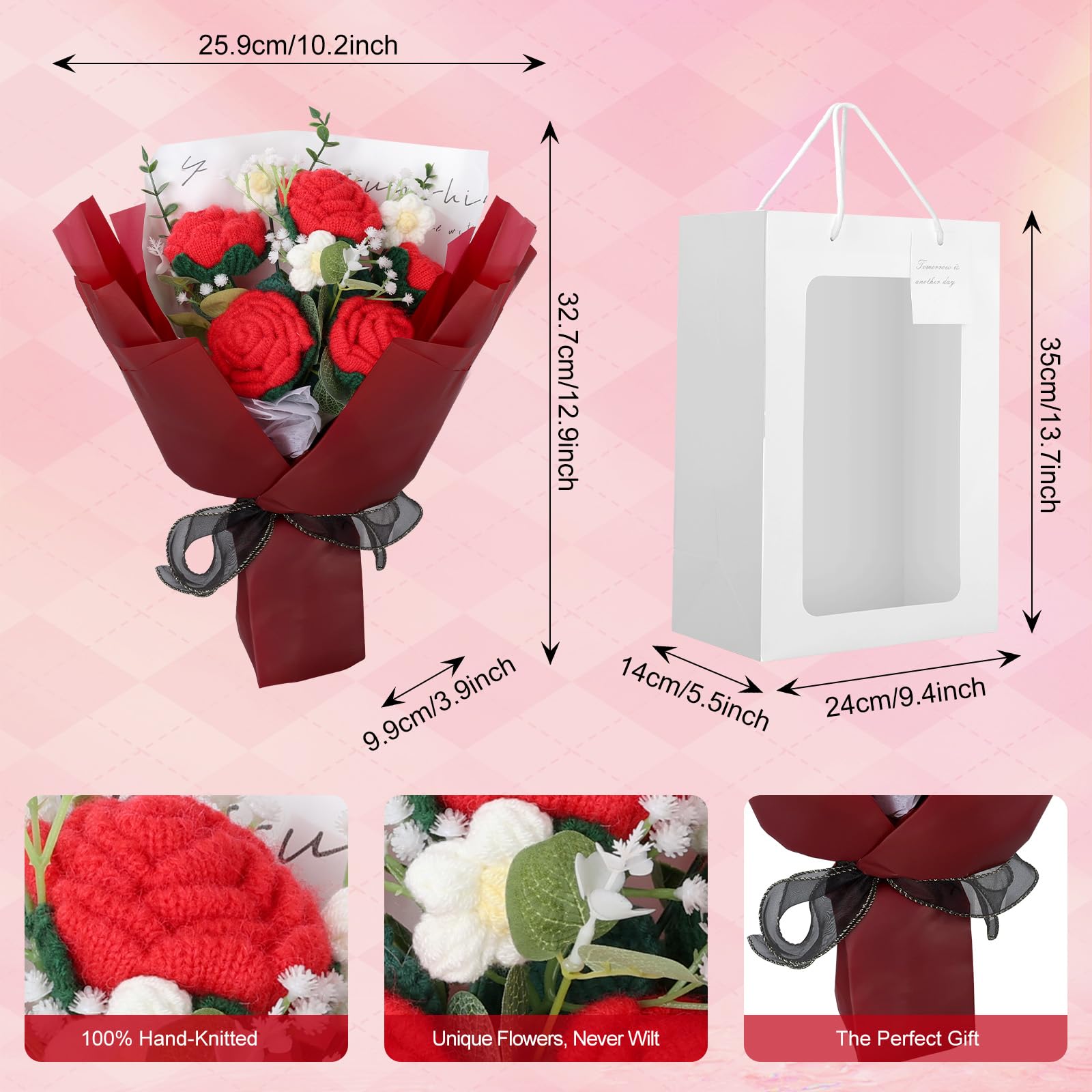 Foyucool Bouquet en Crochet Fait Main, Composition Florale Finie avec Sac Cadeau, Rose Rouge, Décoration Bureau, Idée Cadeau pour Femme