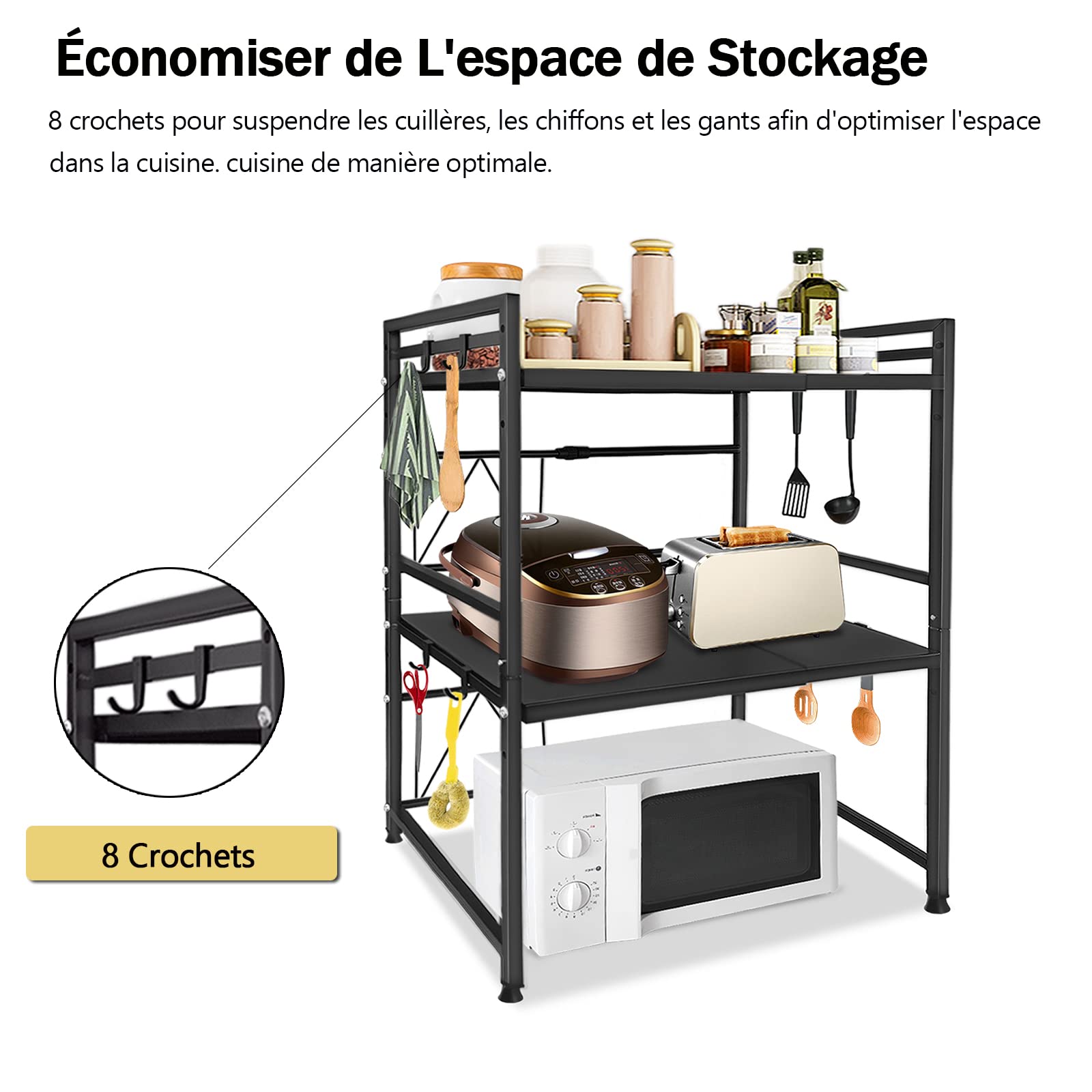 LARS360 Étagère à Micro-Ondes Extensible avec 3 Niveaux en Acier au Carbone, Support pour Micro-Ondes avec 8 Crochets Suspendus pour Cuisine et Rangement (Noir) LARS-(HAG2483D)