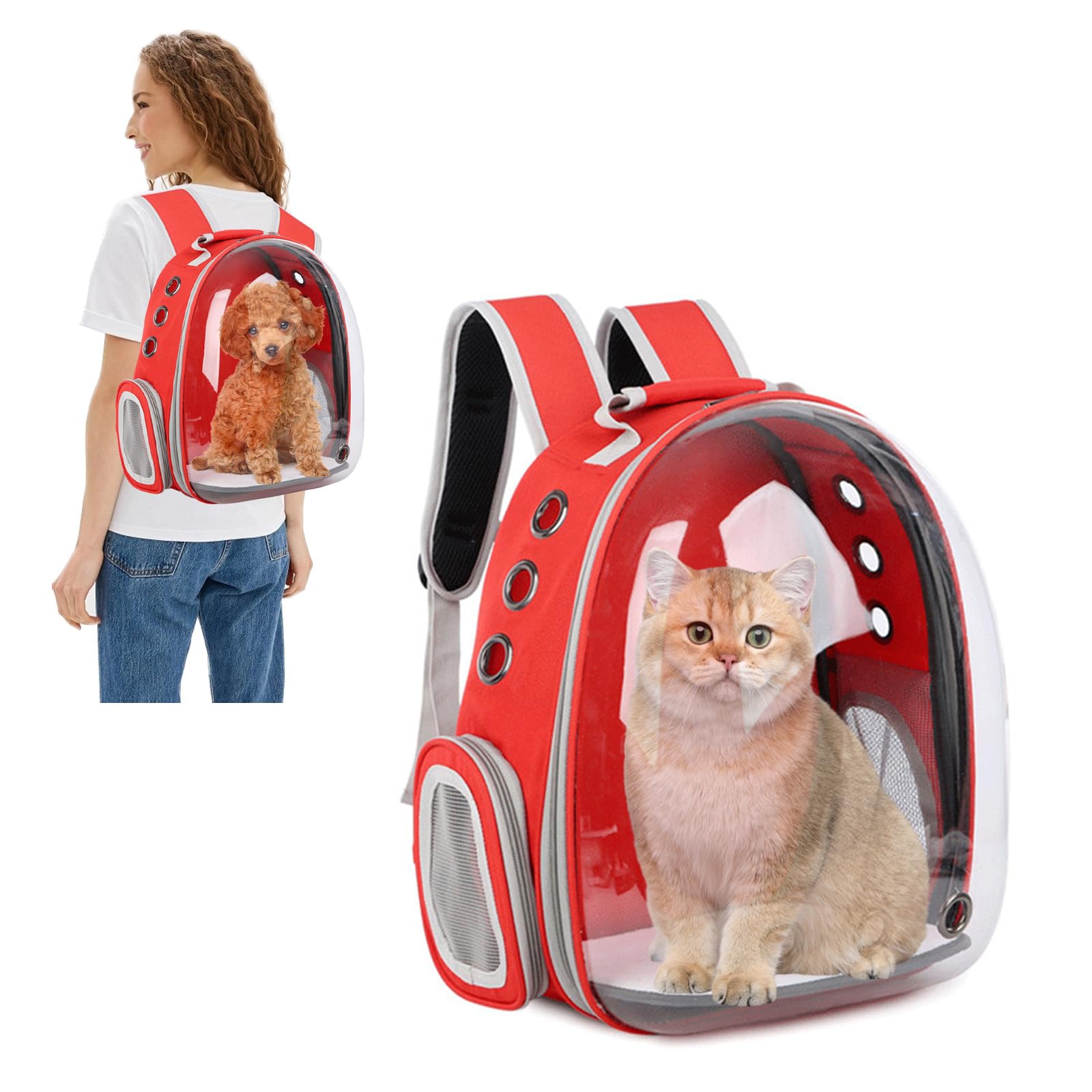 PETCUTE Cat Backpack,Expandable Cat Capsule Carrying Backpack, Transparent Pet Bubble Carrier Front Pack with 9 Venting Hole Breathable, For Cat Dog Outdoor Hiking and Traveling Red