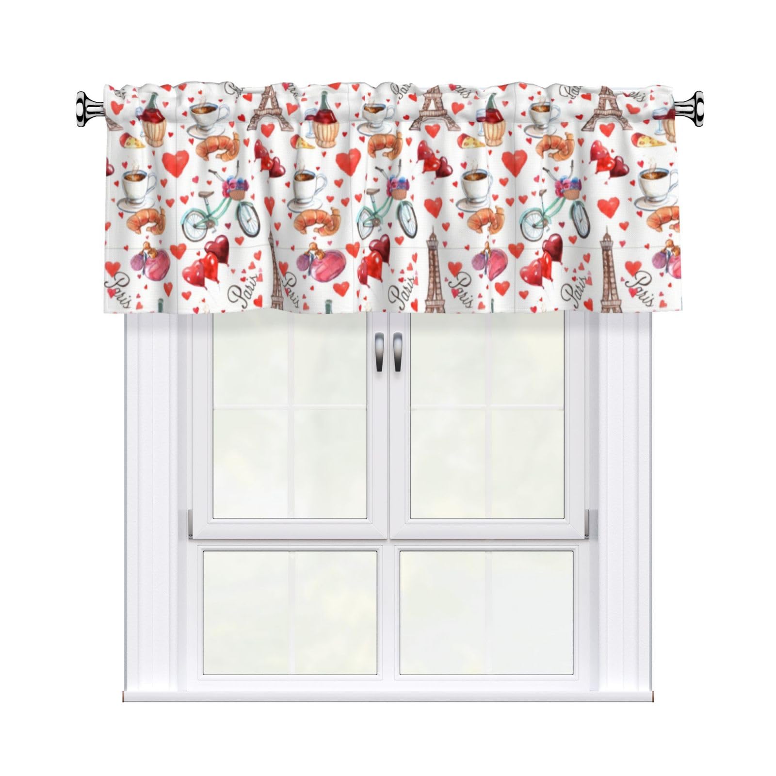 YYHHAOFA Love Paris Tower Bicycle Heart Prints Durable Kitchen Window Layer – 54x18 Inch 100% Polyester Valance with Precision Construction