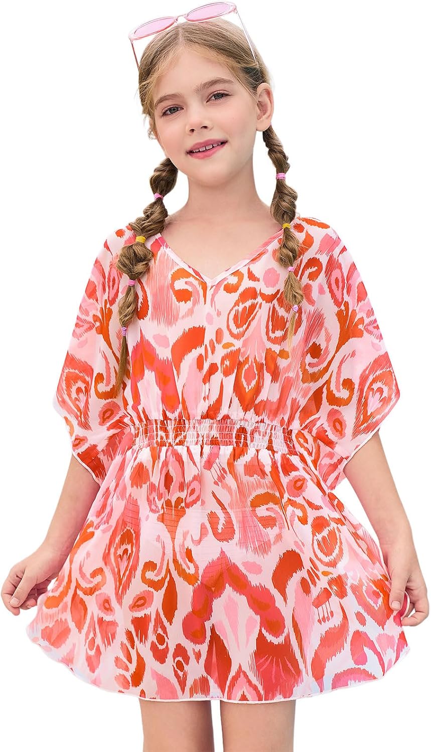 Haloumoning Girls Chiffon Swim Beach Cover Up Kids Cute Elastic Waist Printed Bathing Suit Coverups 5-14 Years