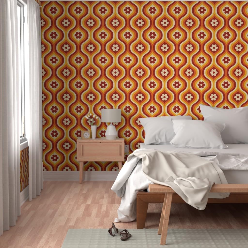 Spoonflower Peel & Stick Wallpaper 3ft x 2ft - 70S Groovy Daisy Ogee Yellow Flowers Red Retro Orange Geometric Custom Removable Wallpaper