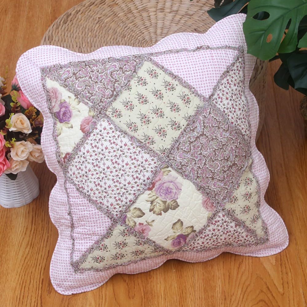 QIFONIX Vintage Patchwork Decorative Throw Pillow Cover, Floral Quilted Design with Pink Gingham Pattern, Scalloped Edge (Purple and pink, 18" x 18" (Pack of 2))