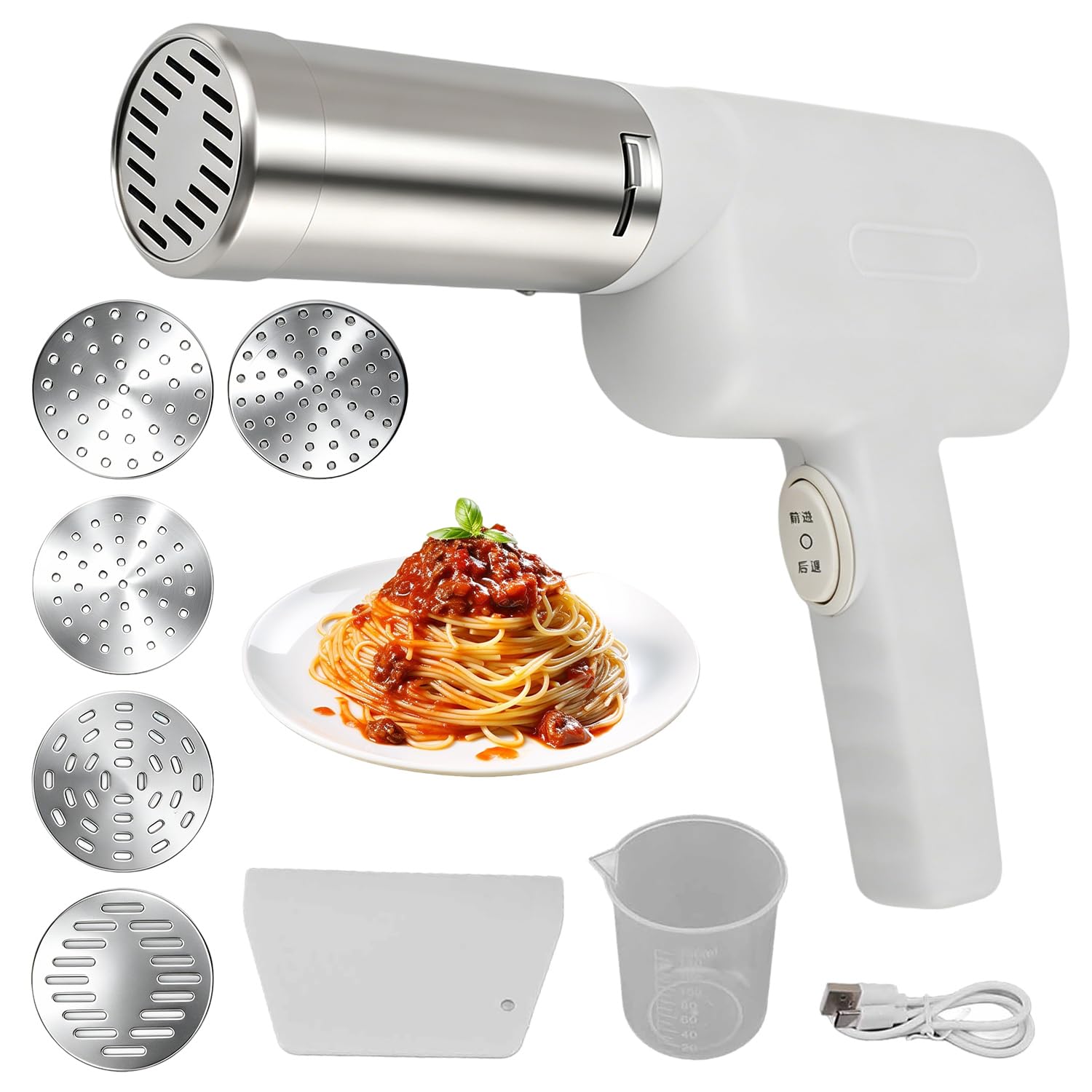 Máquina para hacer pasta eléctrica de mano, máquina para hacer pasta inalámbrica 5 en 1, máquina para hacer fideos recargable automática, máquina para hacer fideos portátil para (Blanco)