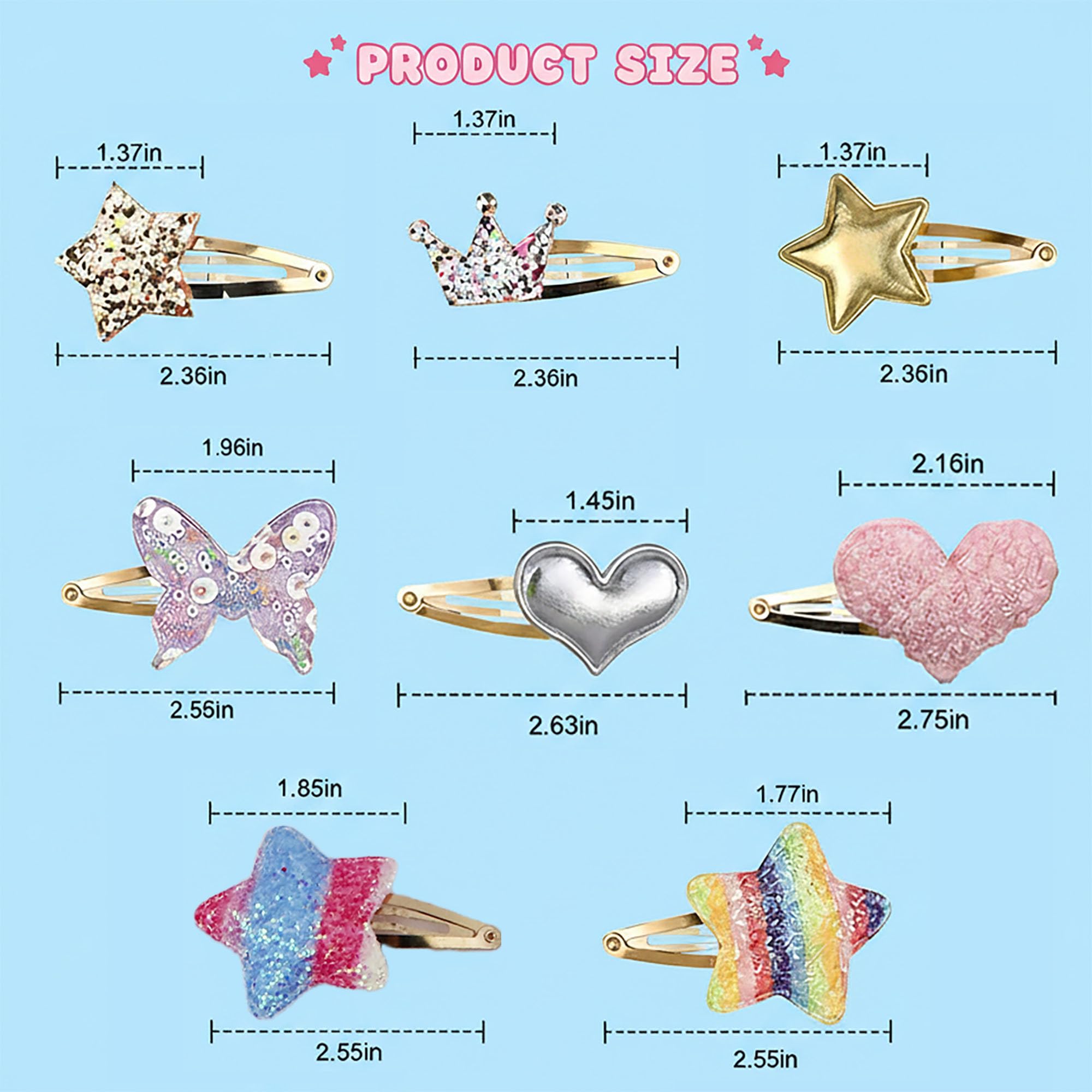 Haarspangen für Mädchen, Herz-, Schmetterlings-, Stern-, Kronenform, Kunststoff, bunt und leicht, niedliches Haar-Accessoire für Kinder, 16 Stück
