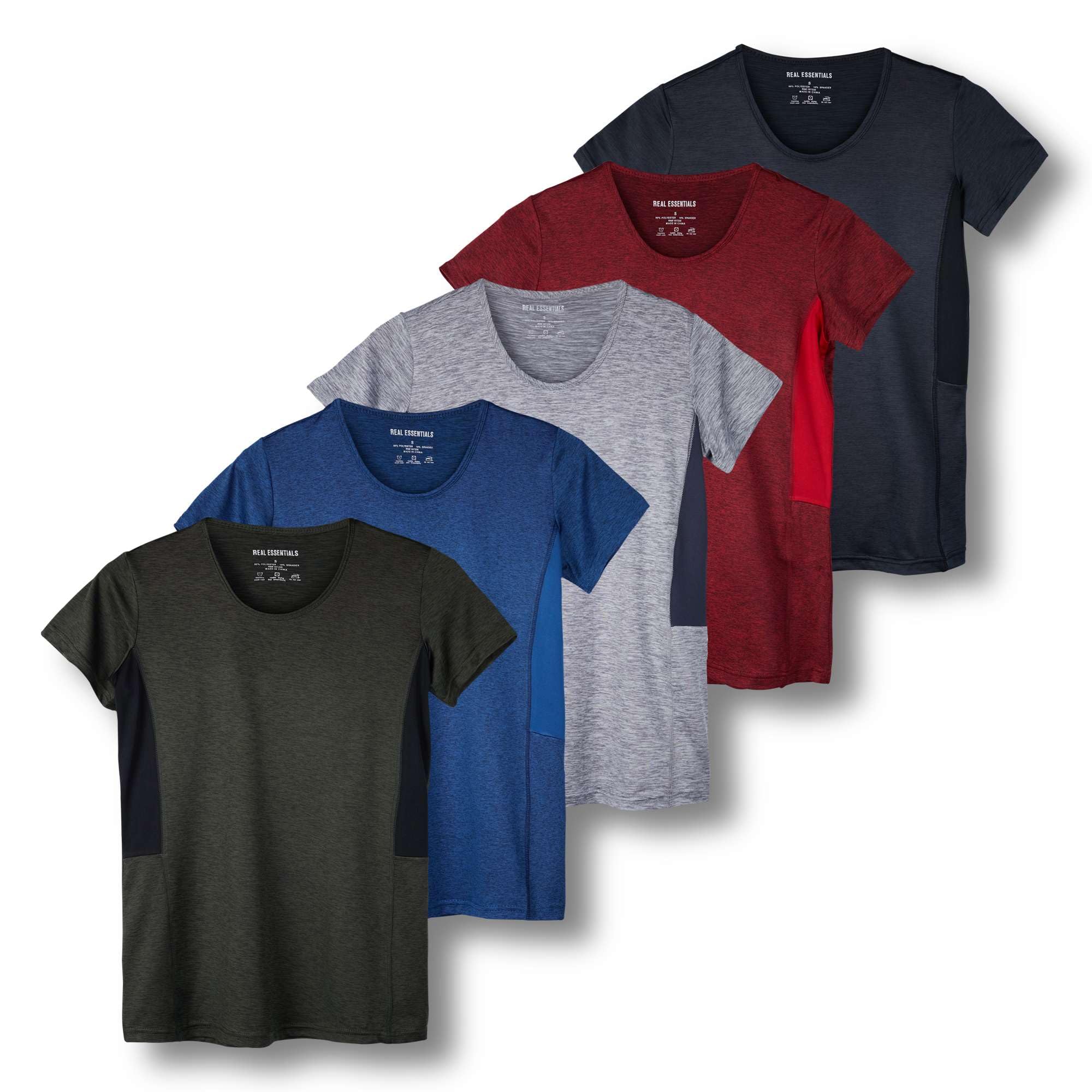 Real Essentials5 Pack: Women's Dry Fit Tech Stretch Short-Sleeve Crew Neck Athletic T-Shirt (Available in Plus Size)