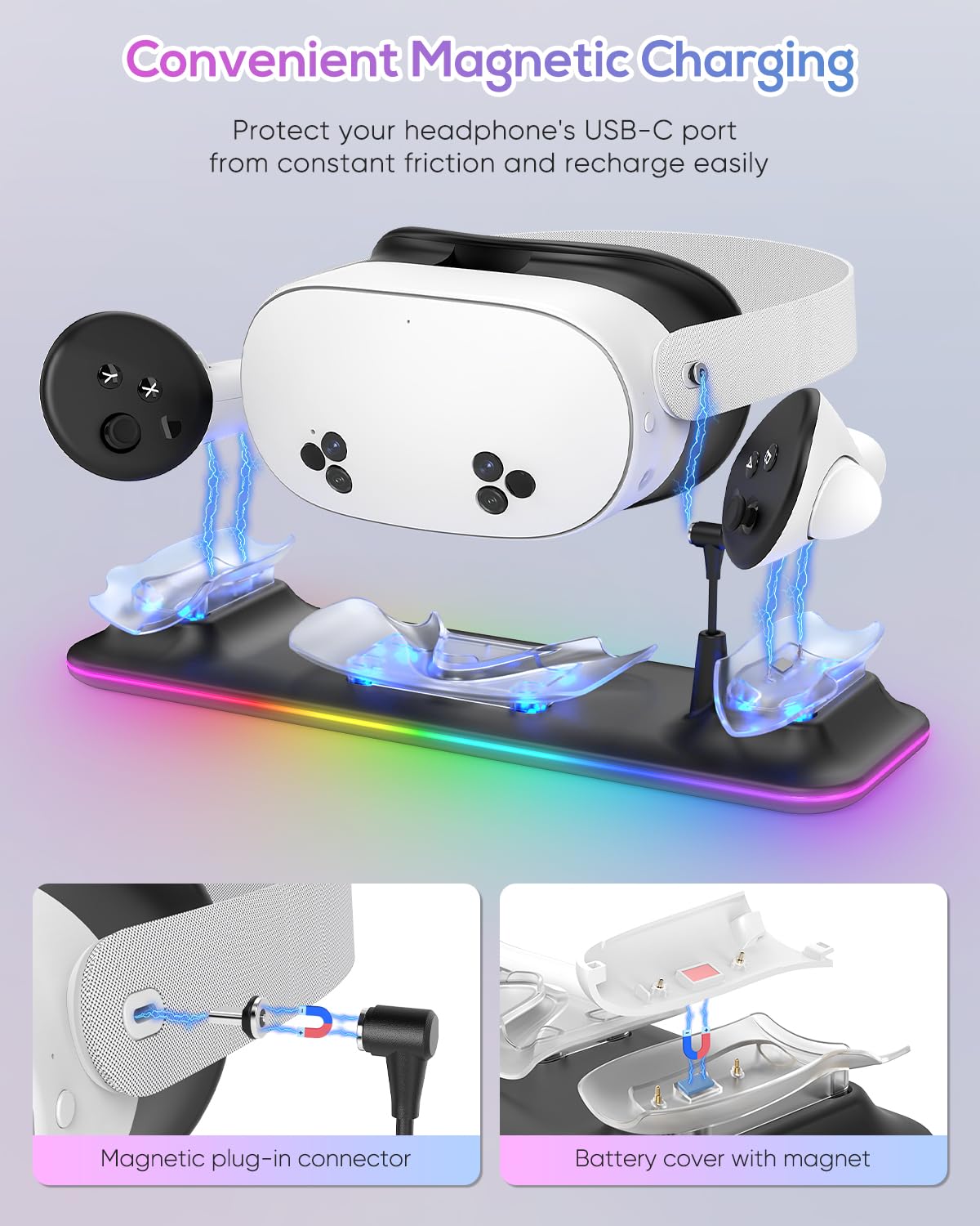 Stazione di ricarica per Meta Quest 3S/3 Kinwin Base di ricarica magnetica per accessori Oculus Quest 3S/3 con luce RGB, supporto di ricarica per auricolare VR e controller con 2 batterie ricaricabili