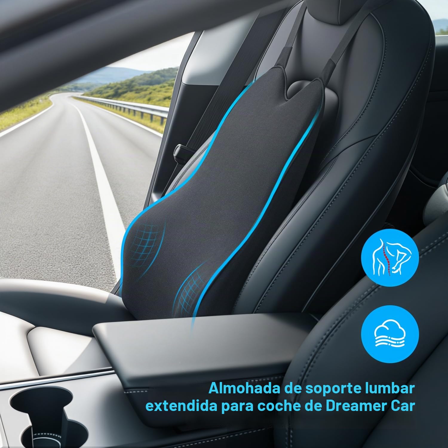 Dreamer Car Cojín Lumbar para Asiento de Coche, Espuma viscoelástica Suave Incluso en temperaturas bajo Cero, diseño ortopédico para aliviar eficazmente el Dolor de Espalda, Color Negro