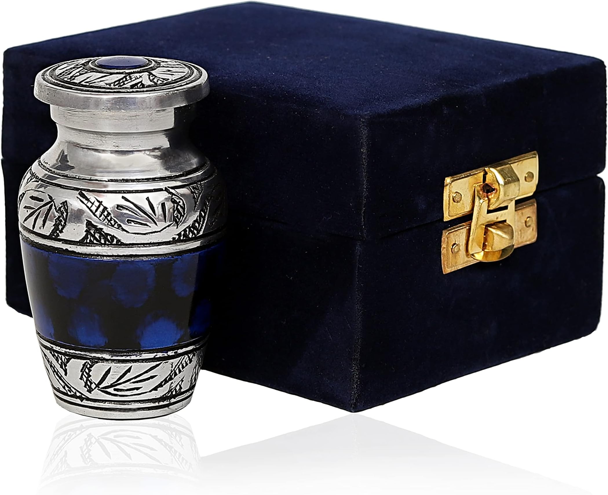 Beautiful Small Keepsake Urn - Mini Memorial Urn for Human Ashes with Velvet Bag - Peaceful Blue Brass, Hand Engraved (3 cu.in)