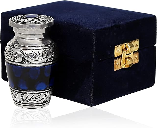 hlc Lovely Small Keepsake Urn Qnty 1 - Keepsake Urn for Human Ashes with 1 Velvet Box Bag-Mini Keepsake Urn -Beautiful Peaceful Blue Brass Hand Engraved Mini Memorial Affordable Keepsake Urn (3 cu.in)