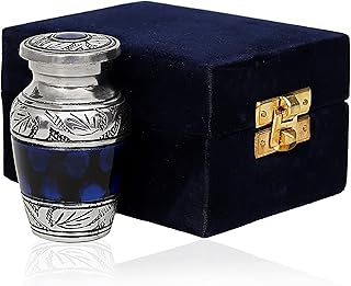 hlc Lovely Small Keepsake Urn Qnty 1 - Keepsake Urn for Human Ashes with 1 Velvet Box Bag-Mini Keepsake Urn -Beautiful Peaceful Blue Brass Hand Engraved Mini Memorial Affordable Keepsake Urn (3 cu.in)